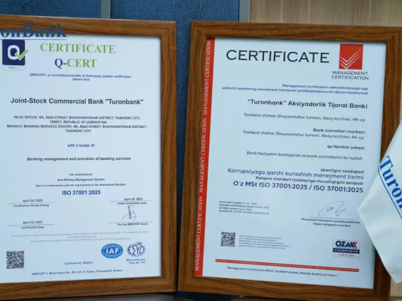 Turonbank ISO 37001:2025 xalqaro sertifikatini qo‘lga kiritdi